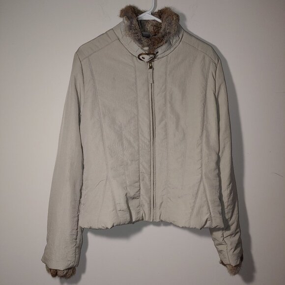 Via Spiga Rabbit Fur Collar and Cuffs Puffer Jacket Size L Oatmeal Cream - Picture 1 of 12